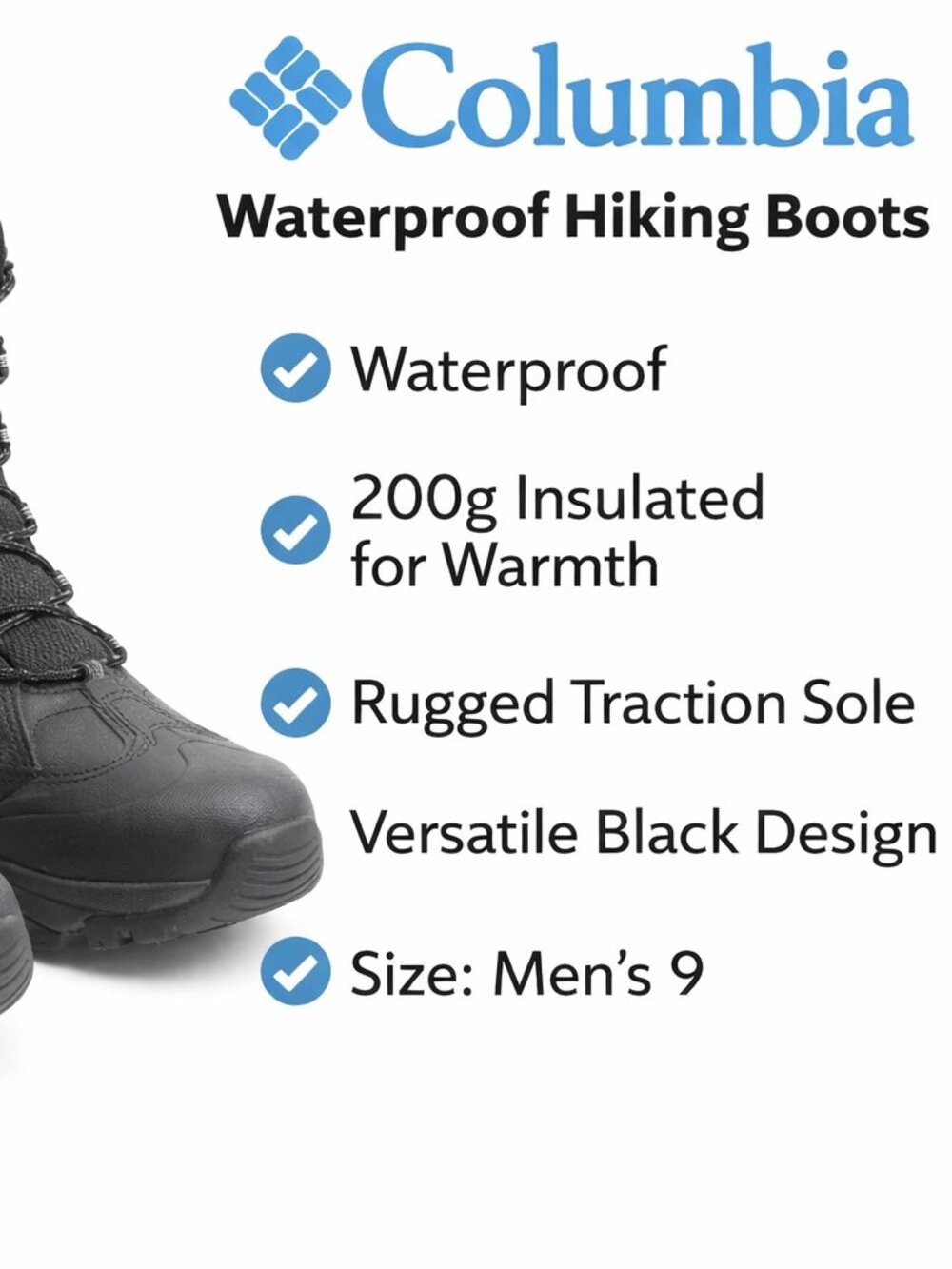 Columbia Waterproof Hiking Boots Mens 9 Black Insulated - Picture 6 of 9